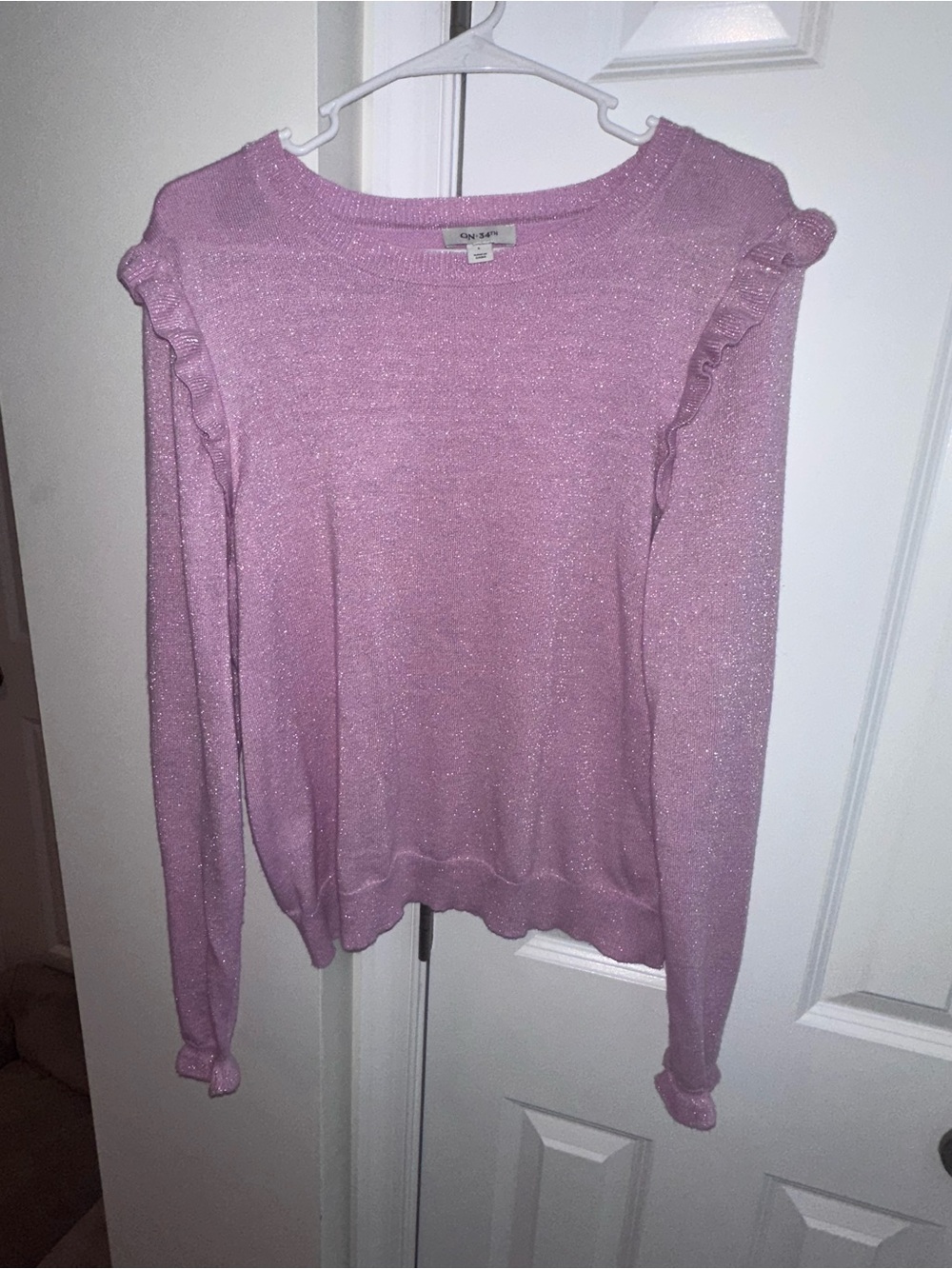 Pink Sparkle Ruffle Shoulder Sweater